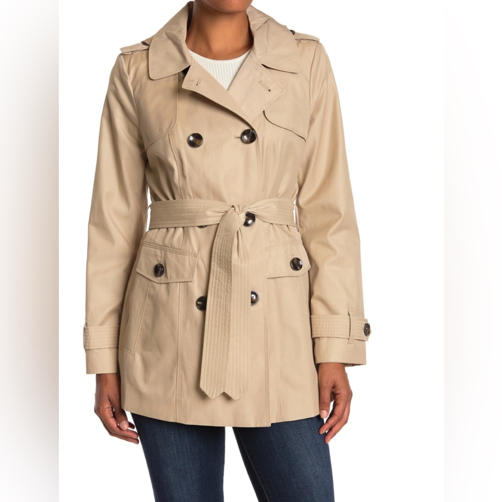 London Fog Women's Double-Breasted Hooded Trench Rainco